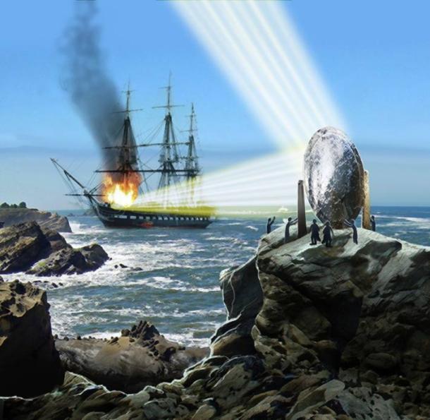 Ilustración del espejo ardiente incendiando un barco