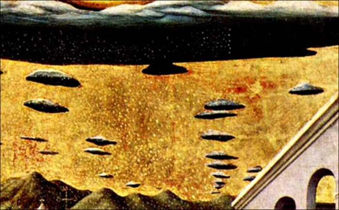 Detail of the painting by Masolino da Panicale: the 'snowflakes' falling from the strange 'clouds' are clearly visible.