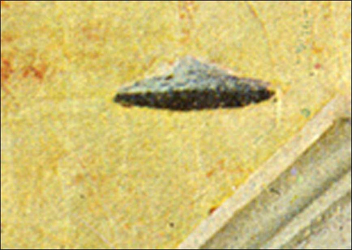 The "cloud" - the one on the far right of the painting, near the cornice of the building - that most resembles an"Unidentified Flying Object"