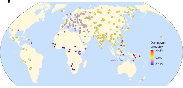 Map showing patterns of Denisovan ancestry in present-day populations