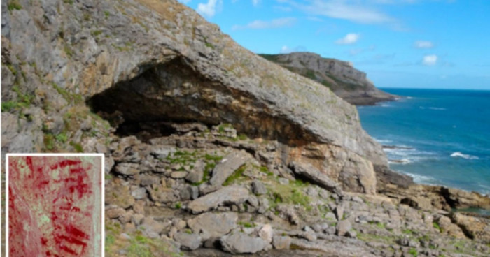 General view of Bacon Hole cave on the Gower Peninsula, Wales, with inset the red lines cave art.