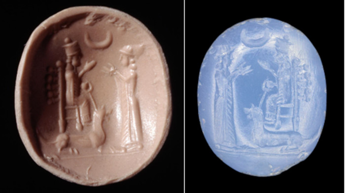 Stamp seal, Late Babylonian (700 BC-550 BC), Blue chalcedony conical stamp-seal; on the base, beneath a crescent, a worshipper in a fringed robe stands facing the goddess of healing, Gula,