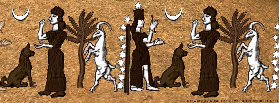 Bau- Baba or Gula scene - drawing by Sigal Lea Raveh based on a cylinder seal.