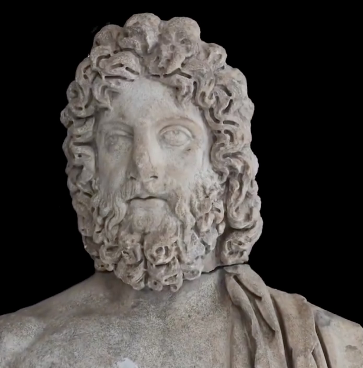 Close-up of the restored head of the Roman-era marble statue depicting Asclepius, the Greek god of healing, unearthed at Aspendos.