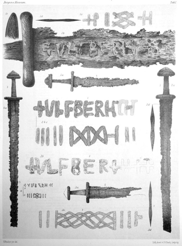 Plate I from Anders Lorange's 1889 study of Viking Age swords illustrates several authentic Ulfberht blades from the Bergen Museum