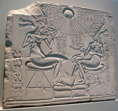 Relief of A house altar showing Akhenaten, Nefertiti and three of their daughters. 18th dynasty, reign of Akhenaten